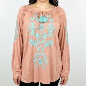 BOSTON PROPER EMBROIDERED TASSEL TUNIC TOP SZ L